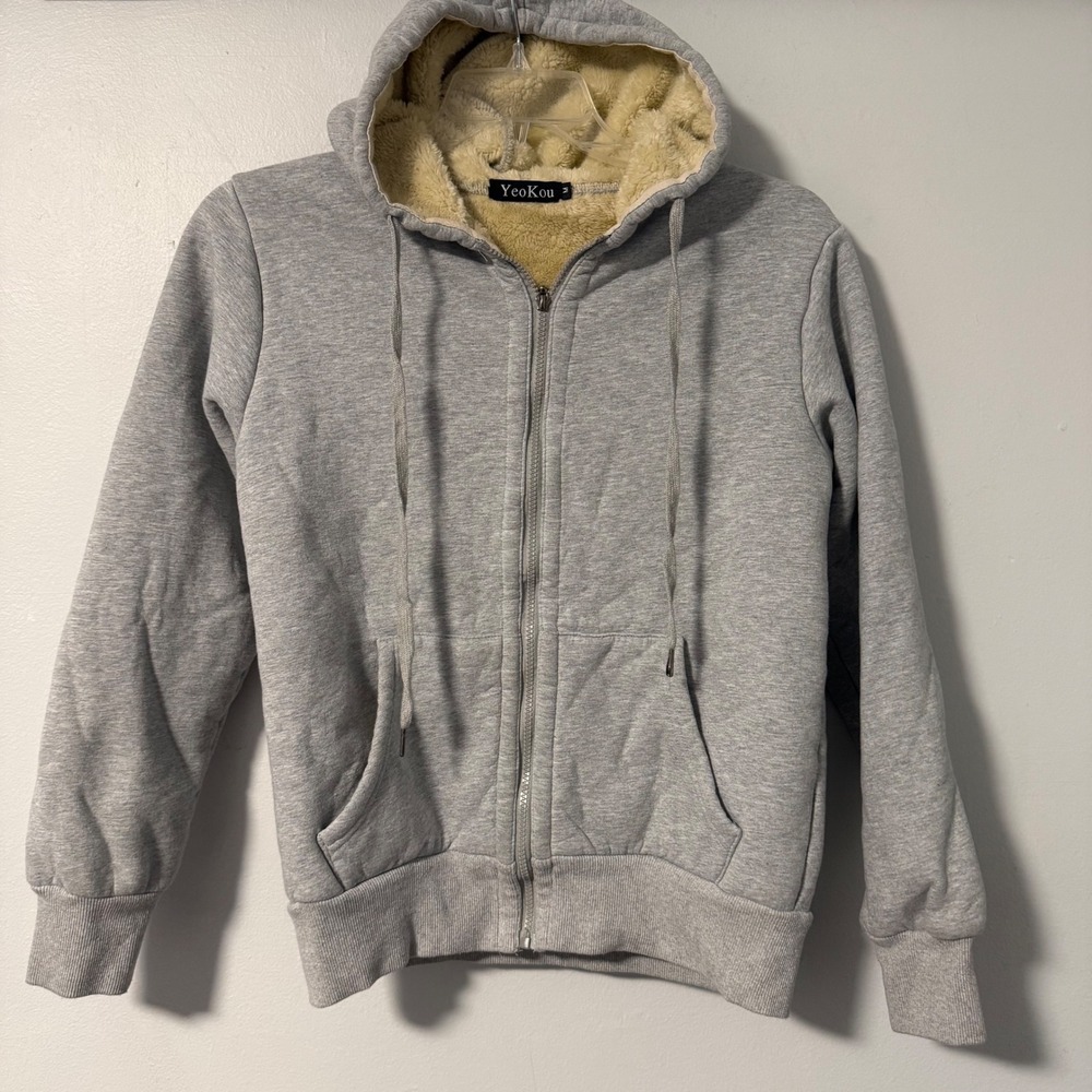 Yeokou Womens Gray Faux Fur Lined Full Zip Hoodie Sweatshirt Size M